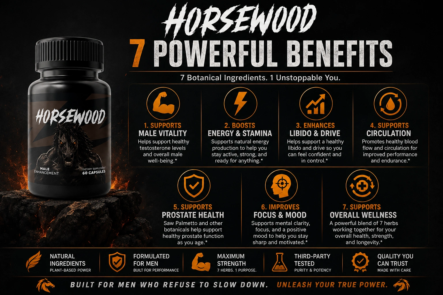 Horsewood brand graphic listing seven benefits including male vitality, energy and stamina, libido, circulation, prostate health, focus and overall wellness