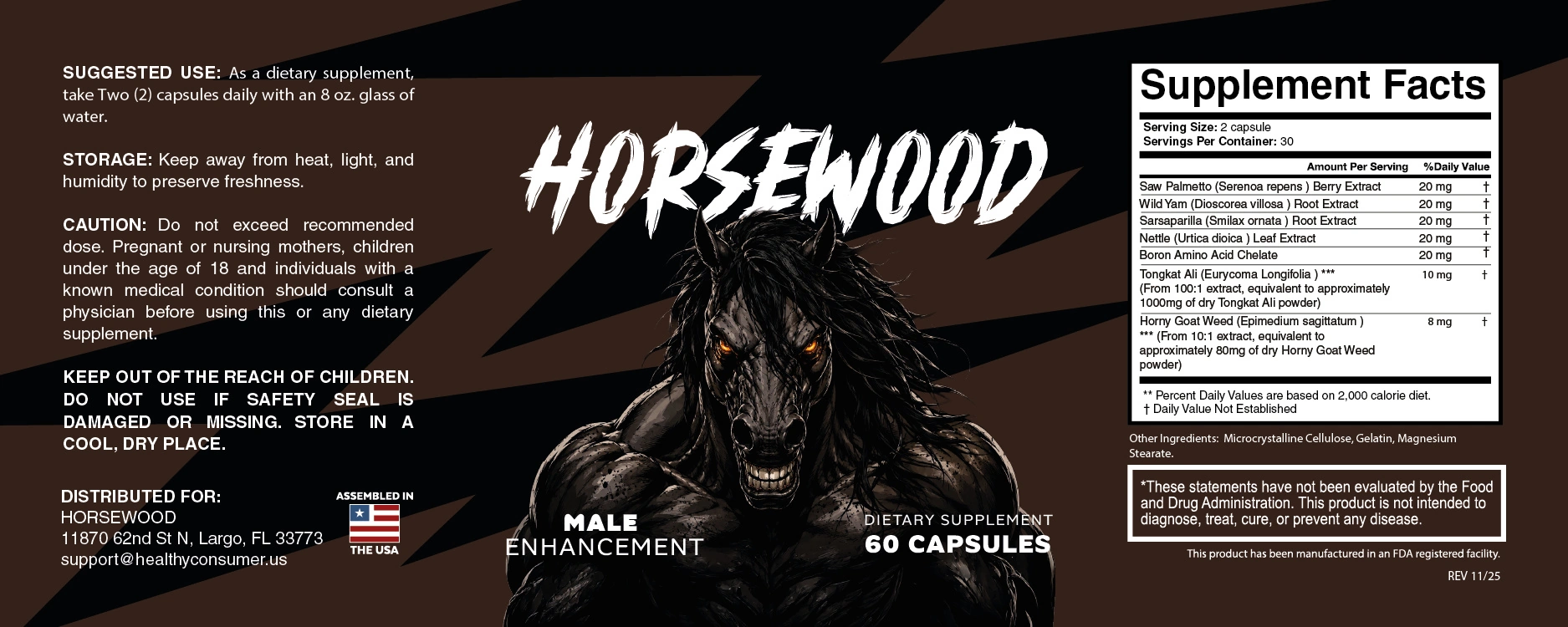 The Horsewood label showing saw palmetto and nettle leaf with their amounts